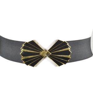 Vintage Black Elastic Waist Belt for Women – Art Deco Style Gold Fan Buckle, 1980s Glam Statement Belt, Retro Evening Cinch Belt