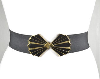 Black Elastic Waist Belt: Gold Floral Buckle, Wide Cinch (26  display picture 1
