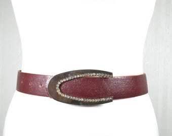 Mulberry Coloured Leather Belt With Hand Brushed Gold Plated 