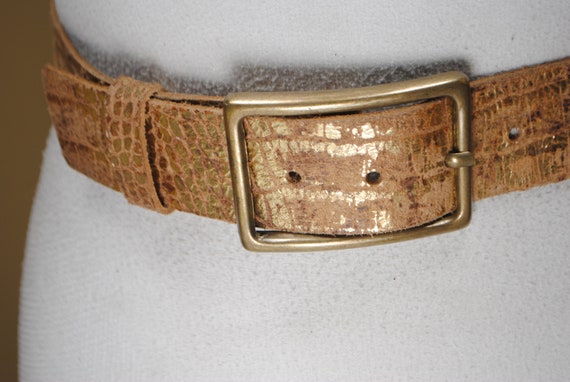 Wide gold croc leather belt women with gold rectangul… - Gem