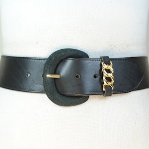 Wide Black Leather Belt with Covered Buckle & Gold Accent, Vintage Statement Waist Belt, Bold 1980s Cinch Belt for Dresses or Coats