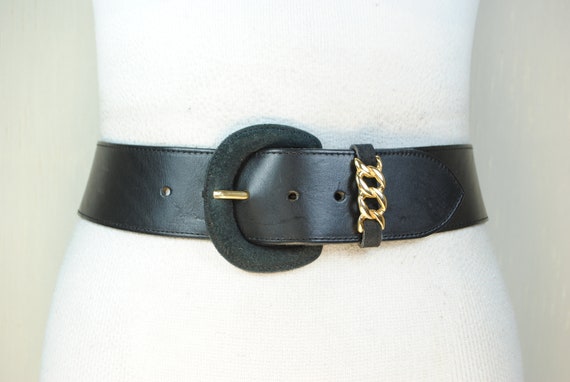 Men's Black Leather Belt with Gold Buckle