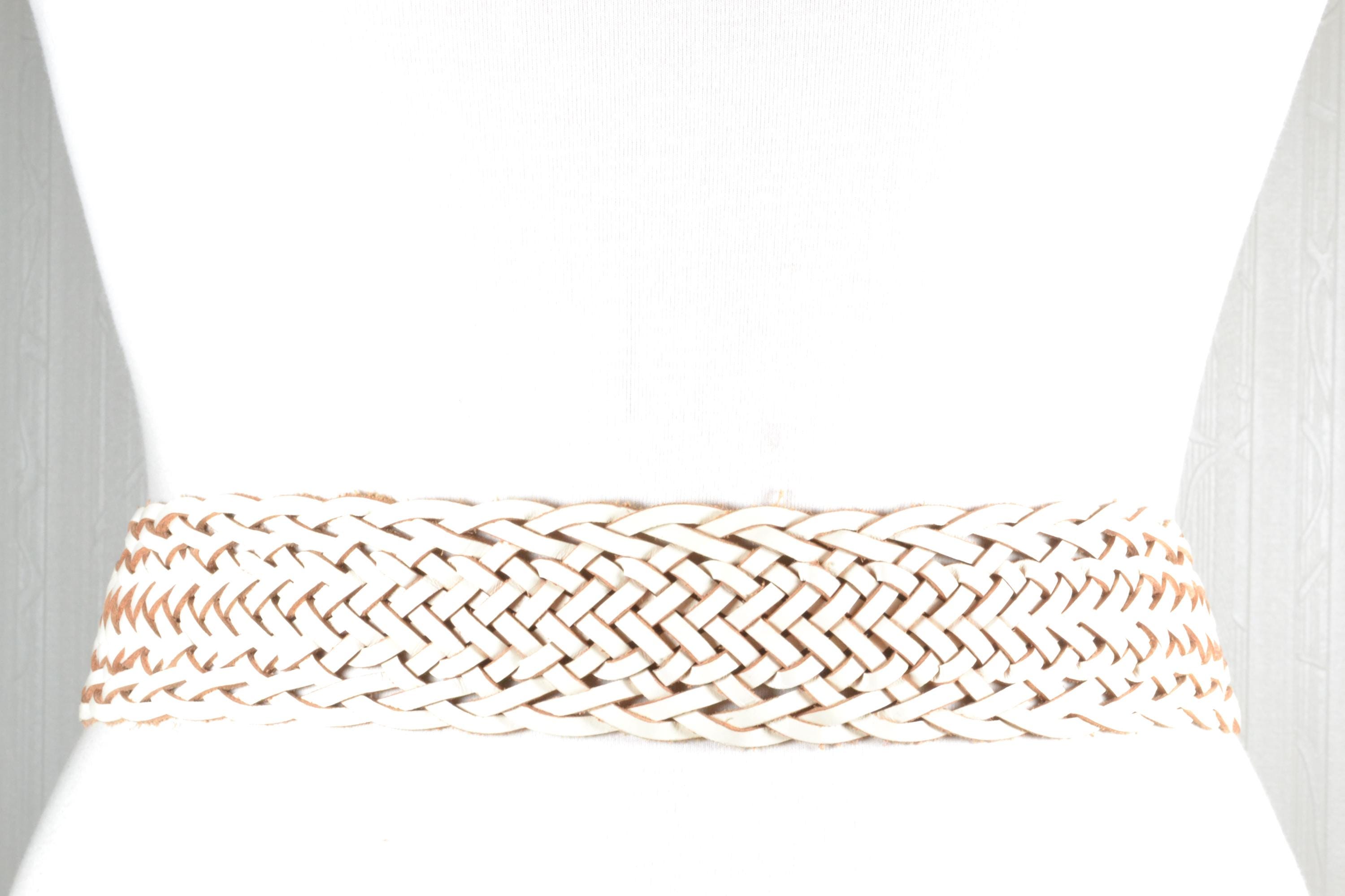 Wide White Braided Leather Belt: Boho Chic Woven Waist Belt  display picture 1