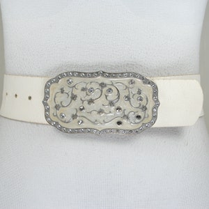 Wide White Leather Belt with Ornate Rhinestone Buckle, Vintage White Belt with Charming Scuffs for Timeless Elegance