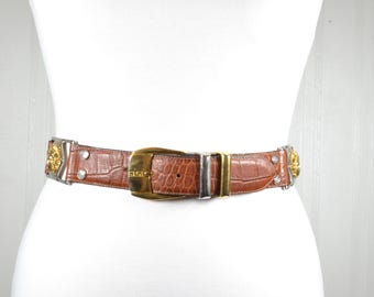 Wide Brown Crocodile Embossed Leather Belt: Women display picture 3
