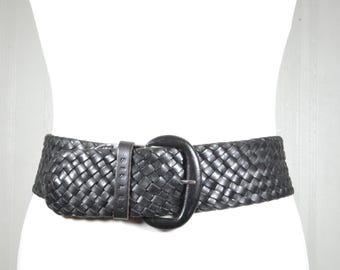 Cinturón ancho de cuero trenzado bohemio vintage negro