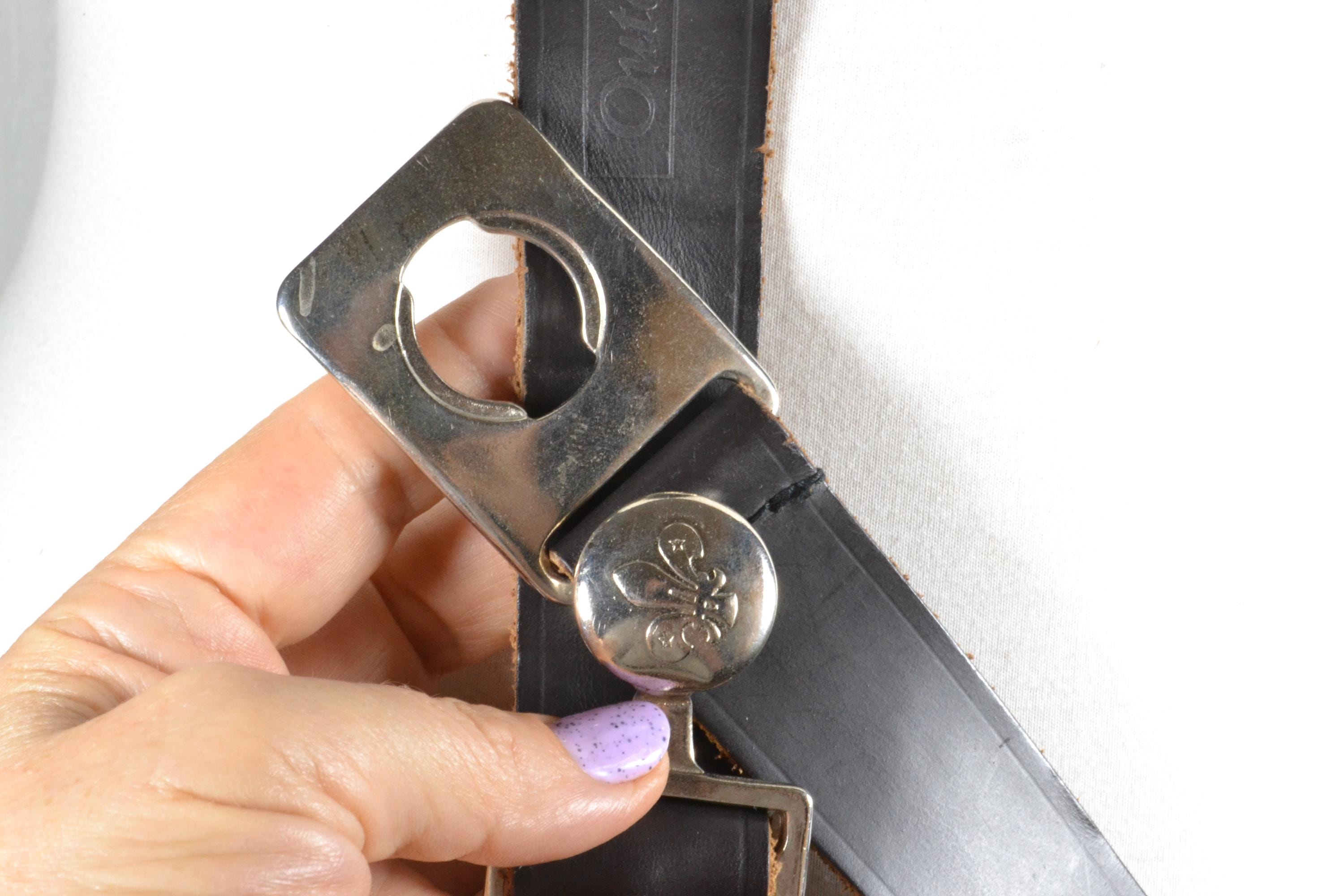 Vintage Black Leather Belt With Silver Engraved Military  display picture 2