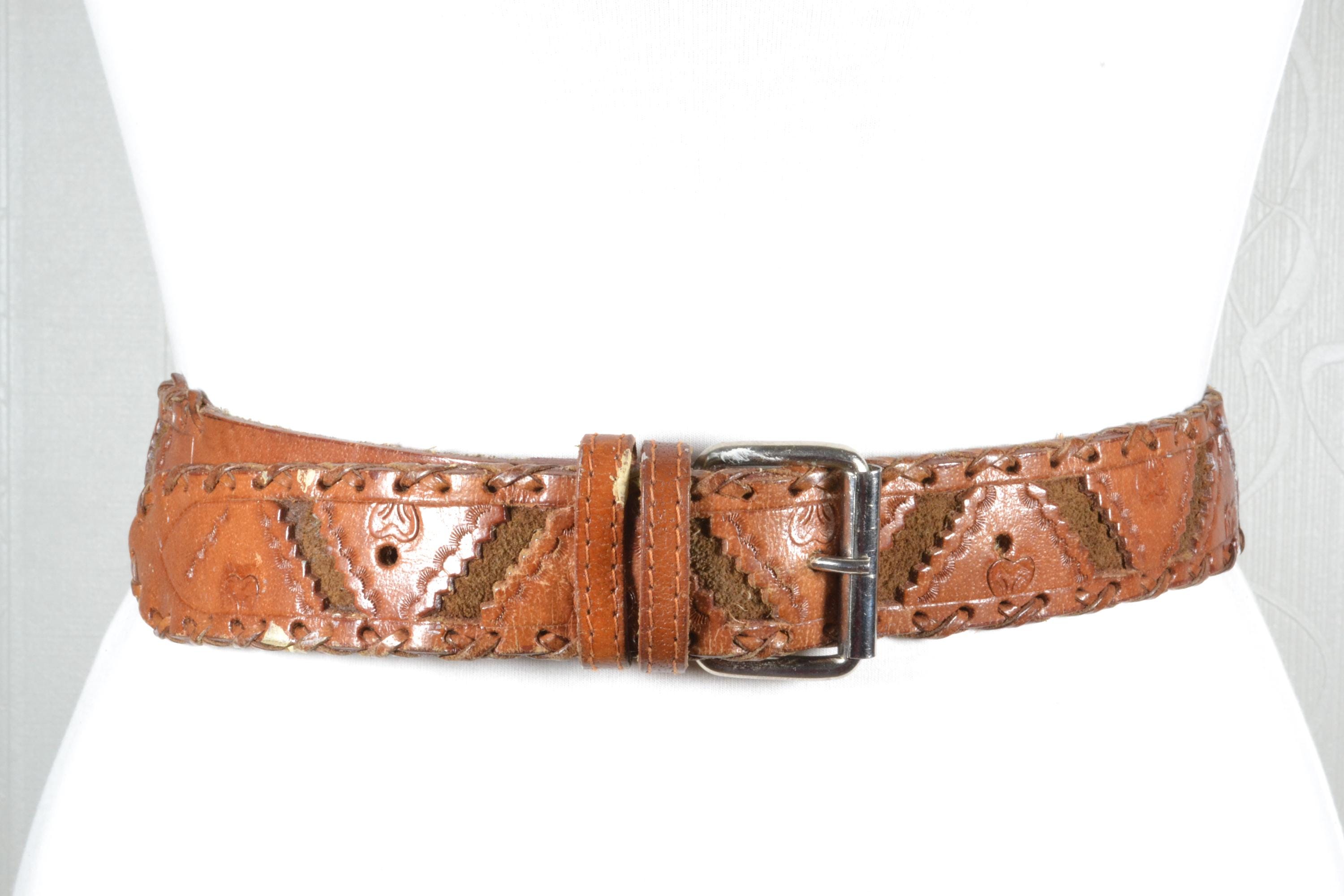 BOHO Western Belt Brown Tooled Leather Resistol Leather Belt Basket Weave & Floral Tooled for Work  main image 3