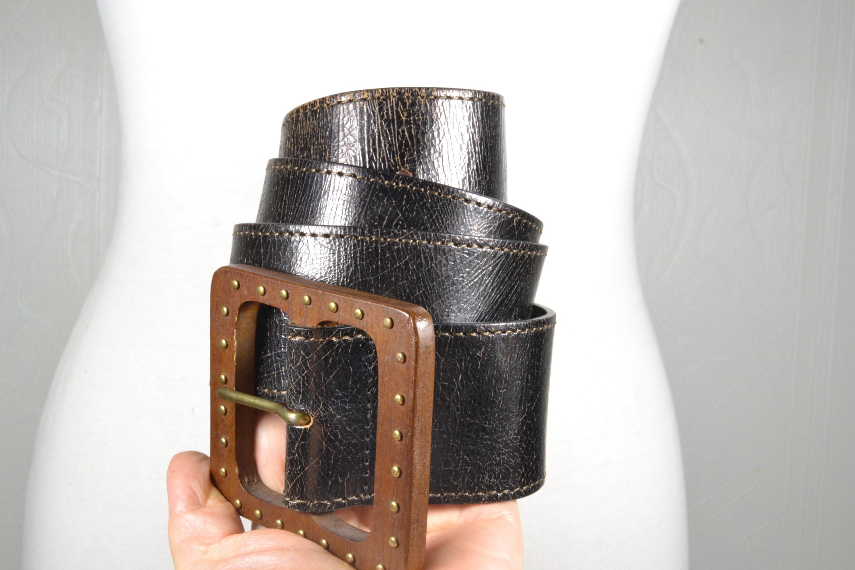 Vintage Genuine Leather Belt Size 40 XL Brown Studded Western Boho Wide Belt Vintage Wide Tan Studded Leather Belt With Brass Buckle  main image 4