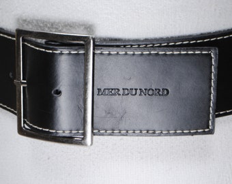 Zwarte breed gestikte riem voor vrouwen, Vintage Mer du Nord Riem