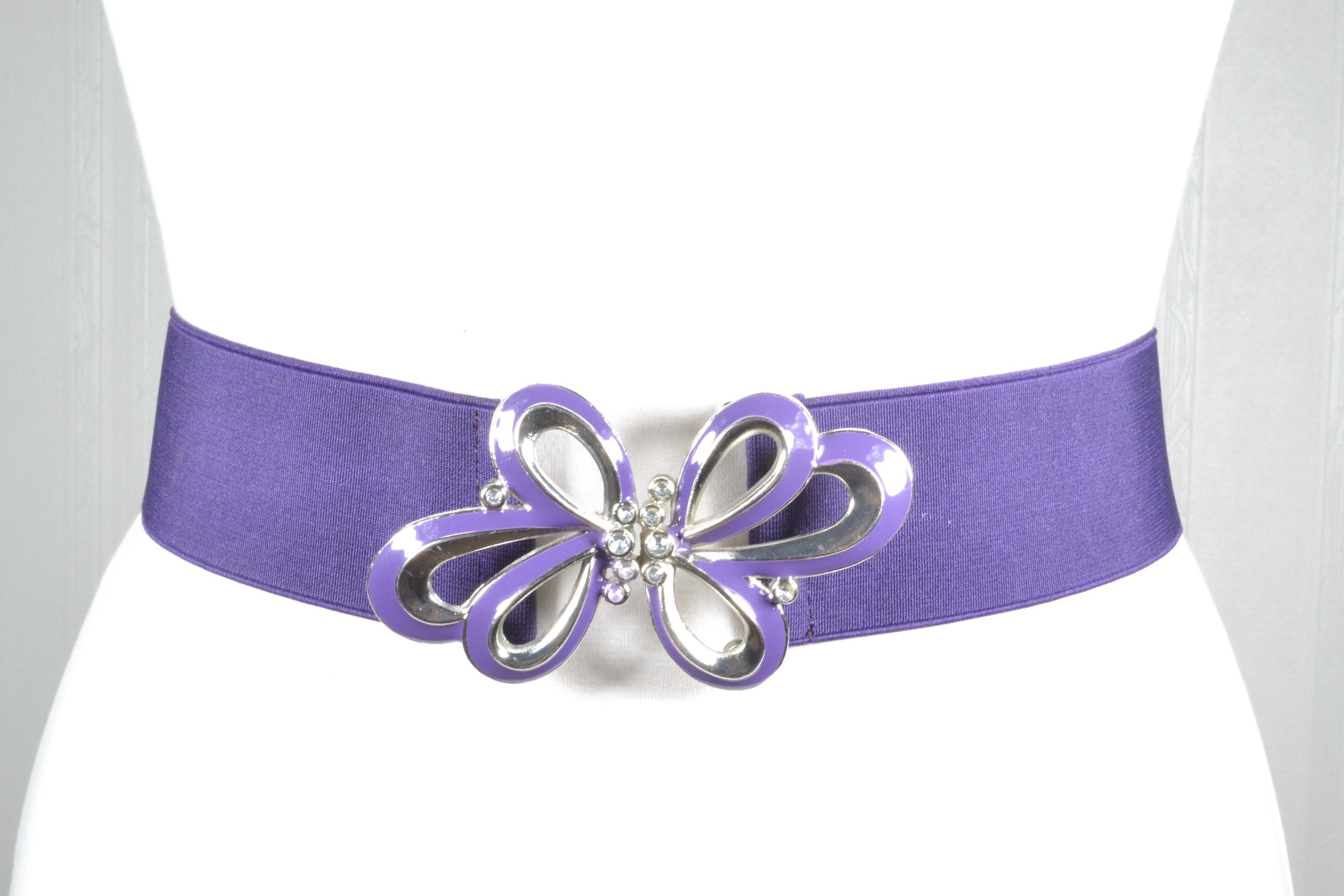 Vintage Wide Purple Elastic Belt With‎ Faux Black Double Circles Buckle XXL Vintage Purple Stretch Elastic Wide Belt Abstract Hard  main image 3