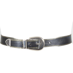 Black Leather Belt with Contrast Stitching, Silver Western Buckle Belt, Vintage Cowgirl Women’s Belt, Classic Leather Waist Belt