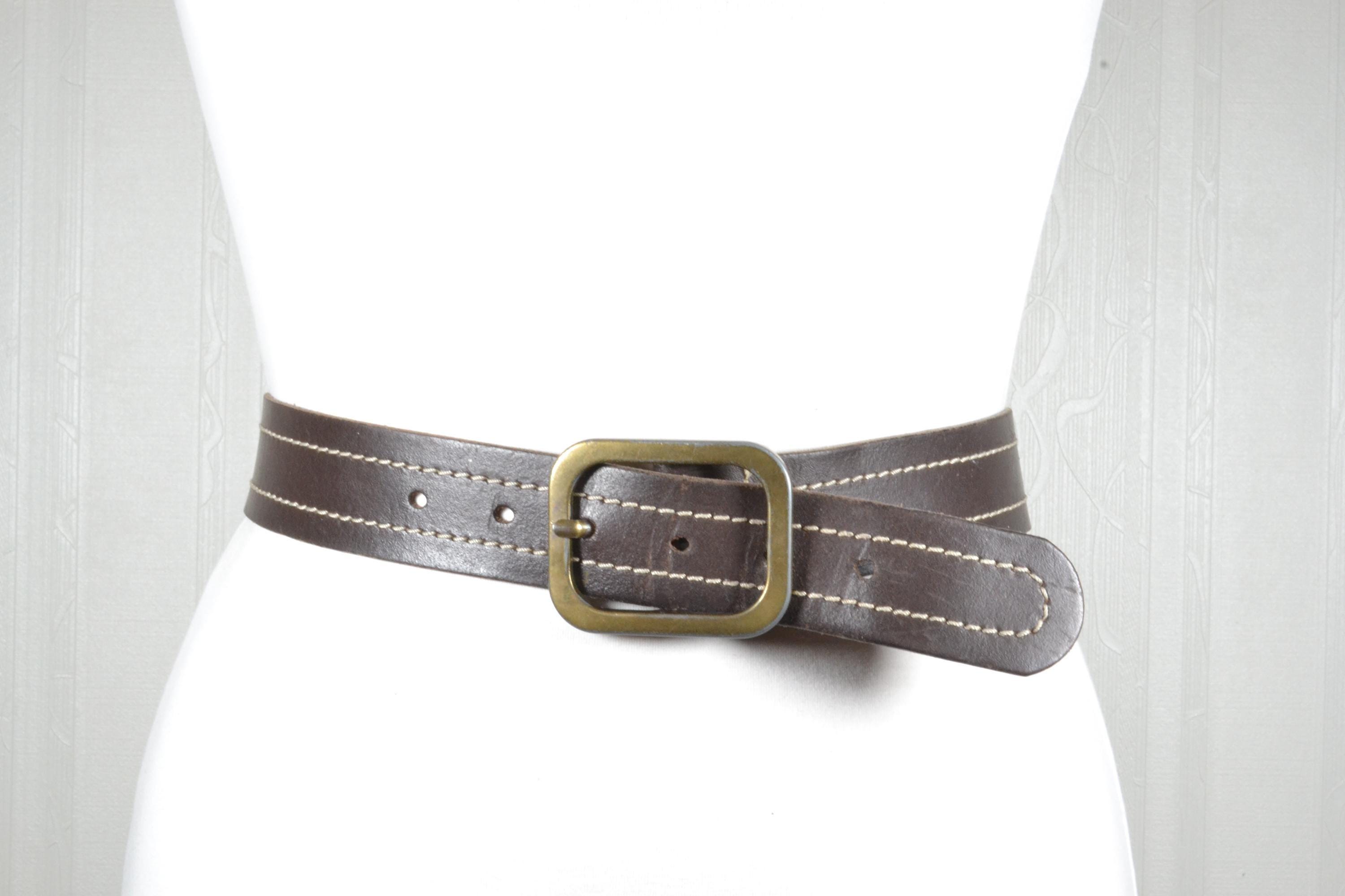 Vintage Handmade Brown Leather Belt with Contrast Stitching and Large Buckle Classic Buck Stitch Belt – Brown Leather Western Belt | The  main image 4
