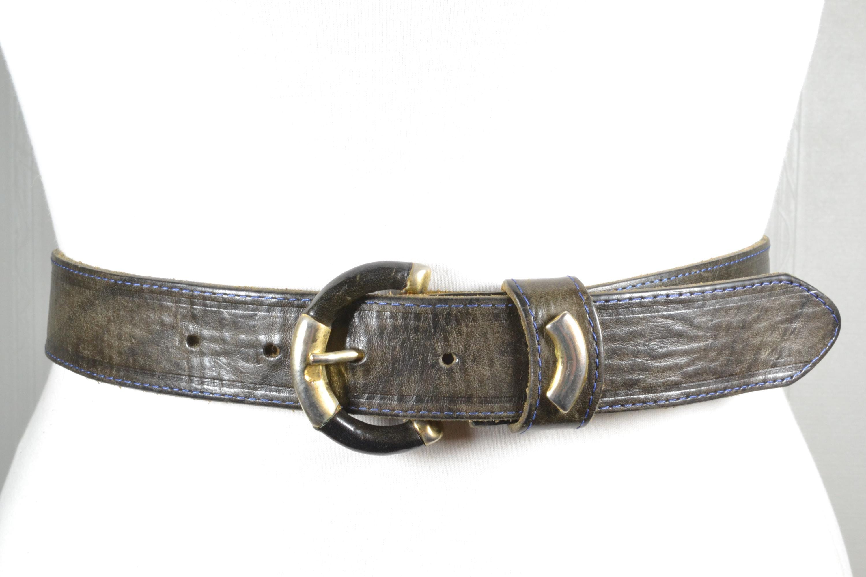 Vintage Metallic Bronze Leather Belt: Chunky Brass Buckle 