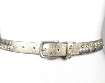 Vintage Silver Leather Belt with Rhinestones and Studs,  Glam Western