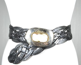 Vintage Black & White Braided Belt With Ornate Silver-tone 