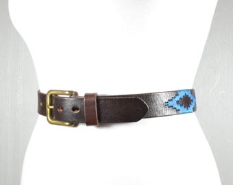 Vintage Brown Leather Belt: Handcrafted Blue Geometric  display picture 3