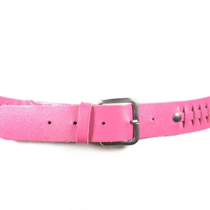 Hot Pink Leather Belt for Women, Real Leather Woven Detail Waist Belt, Bright Retro Statement Belt with Silver Buckle, Pink Braided Belt