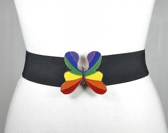 Vintage Rainbow Butterfly Buckle Wide Belt, Fabric Elastic Corset