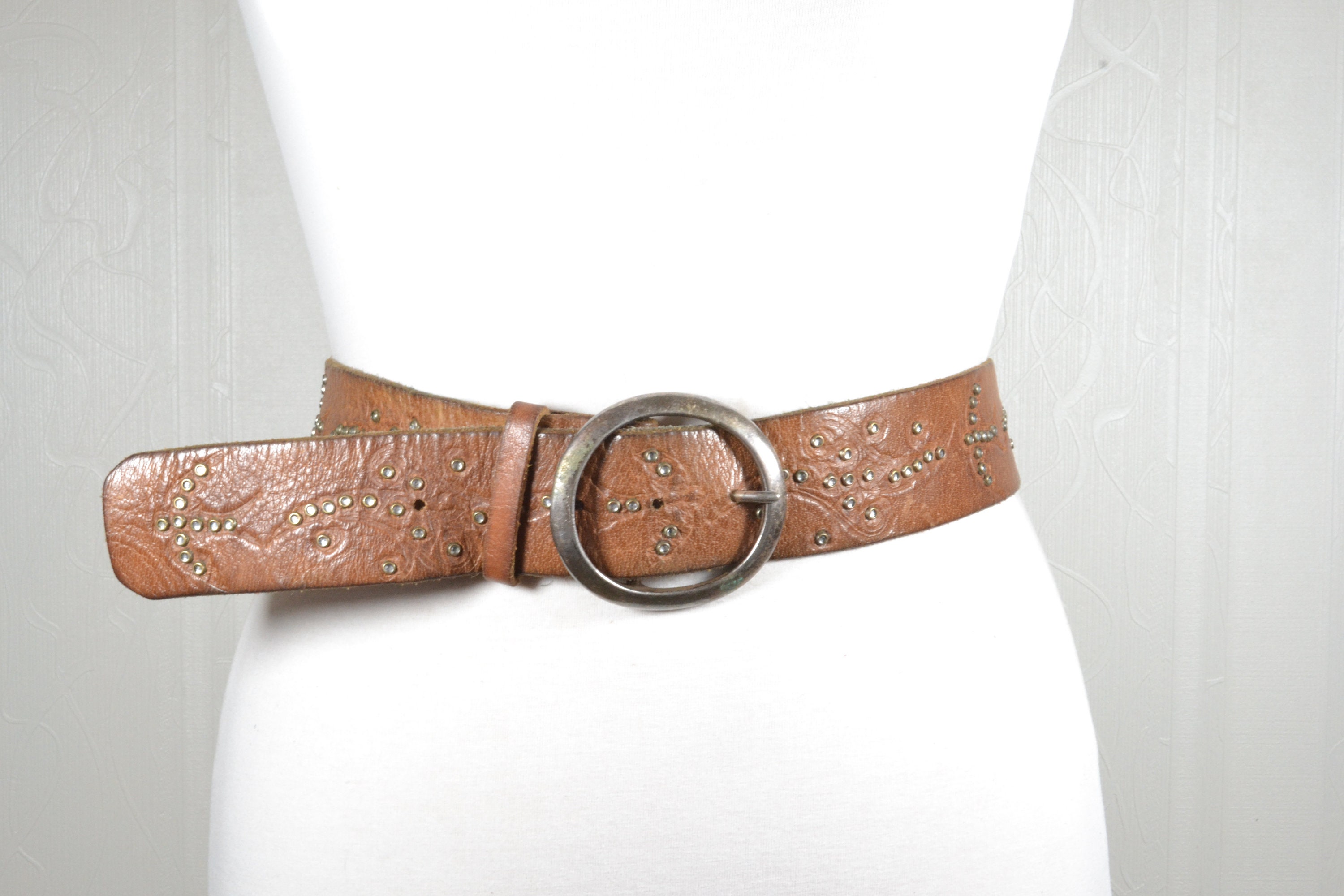 Tan Brown Belt for Women With Steel Buckle. Studded Belt
