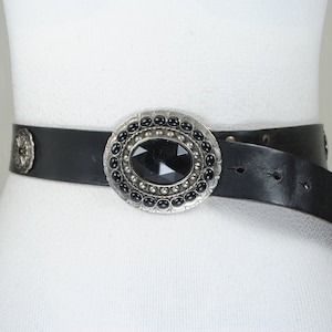 Black Embellished Leather Belt with Rhinestone Buckle
