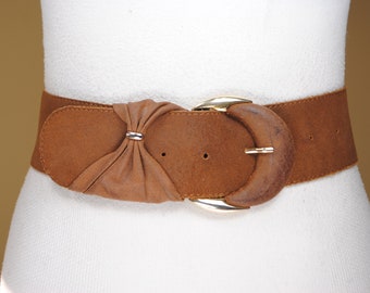 Wide Tan Brown Leather Belt for Women Gold Buckle