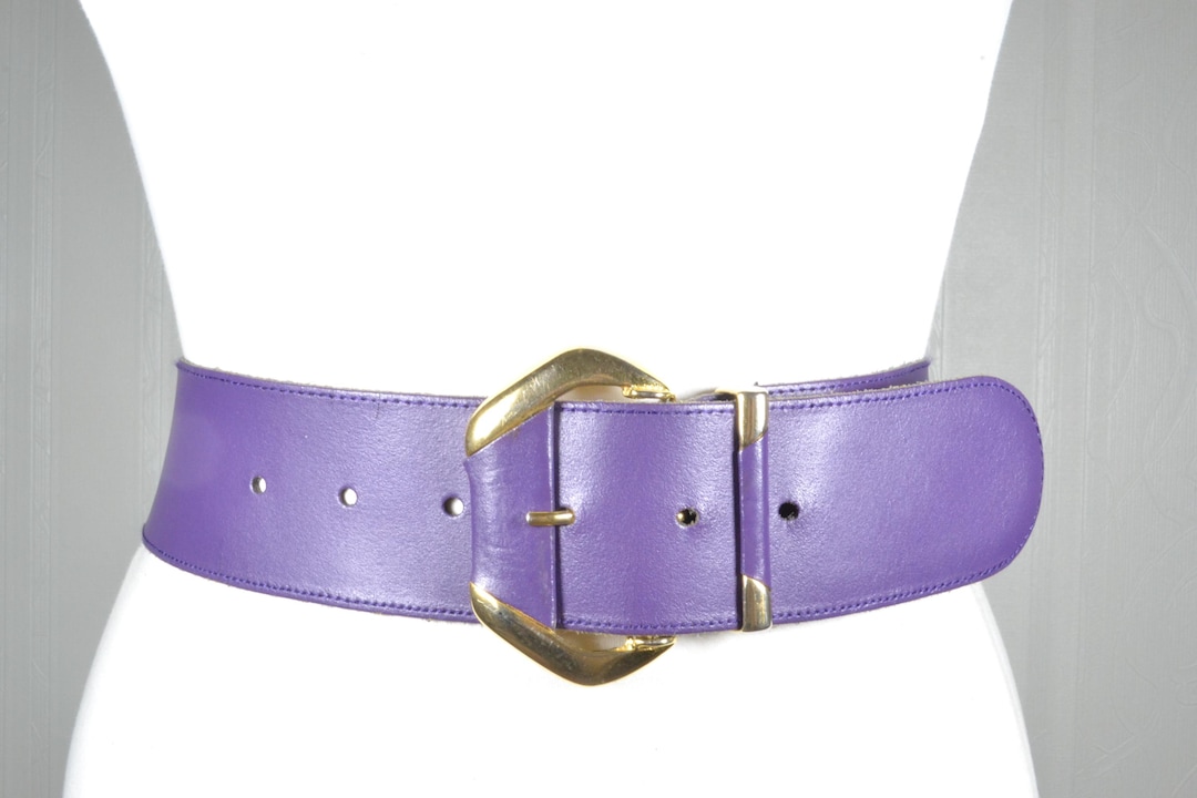 Vintage Wide Purple Leather Belt: 80s Gold Buckle, High  display picture 1