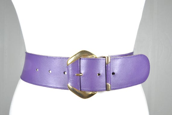 Vintage Wide Purple Leather Belt: 80s Gold Buckle, High  display picture 2