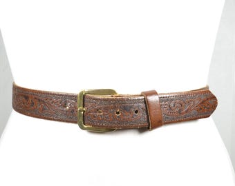 Vintage Tooled Leather Belt for Women, Brown Western Belt  display picture 1