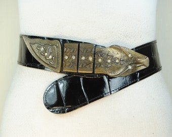Black Croc Leather Belt, Brass Snake Head Buckle, Medieval LARP Belt, Asymmetrical Cosplay Belt, Unique Collector's Fantasy Belt
