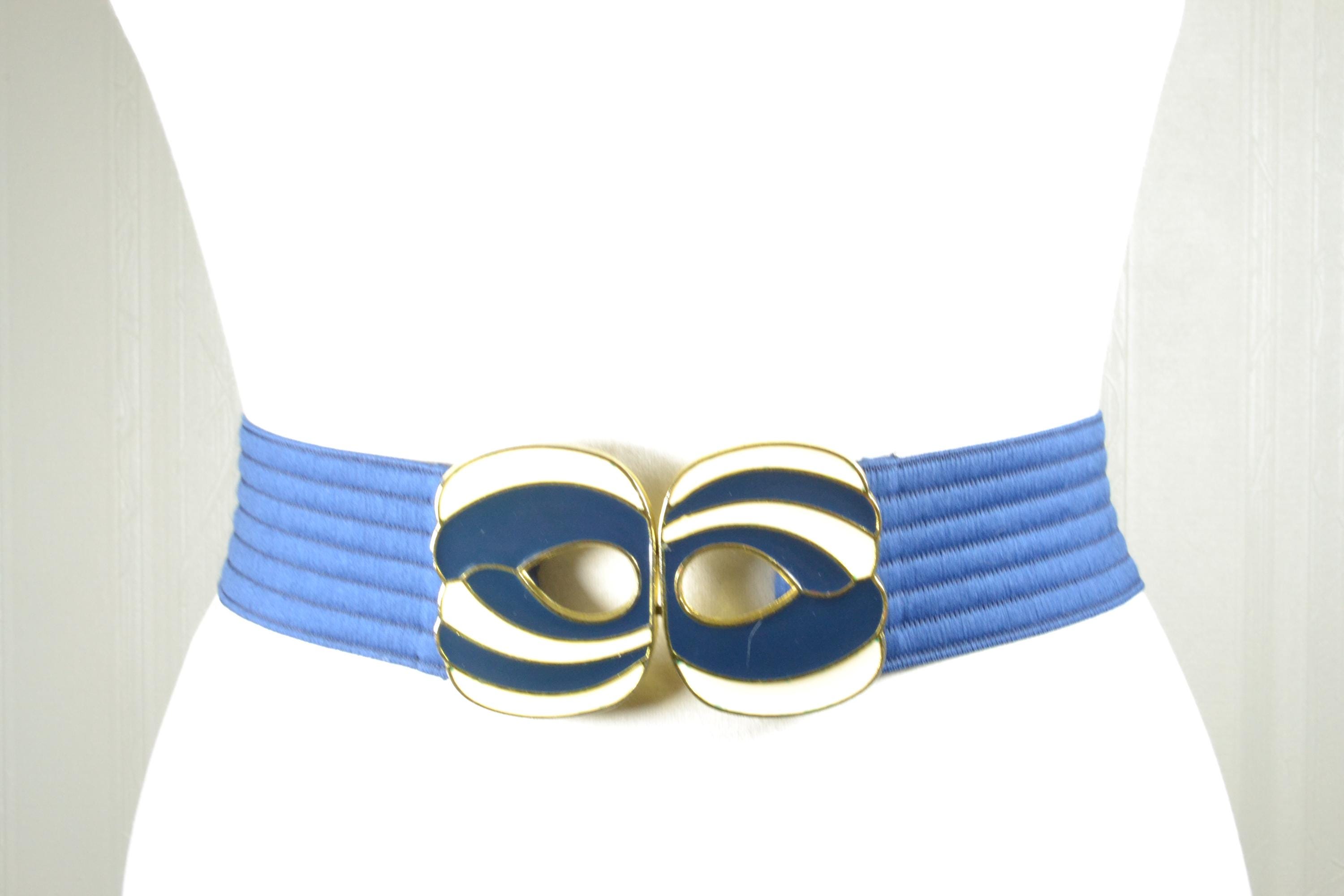 Vintage Blue Elastic Waist Belt: Gold Navy Enamel Buckle - Etsy