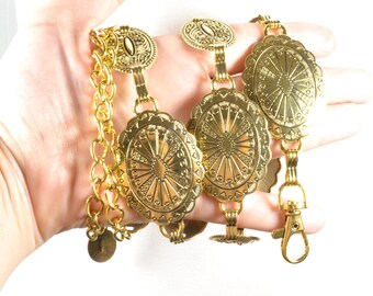 Vintage Wood Concho & Antique Brass Chain Link Belt w/Medallion Center Sz M VTG Wide Brass Chain Concho Belt Distressed Southwestern  main image 3