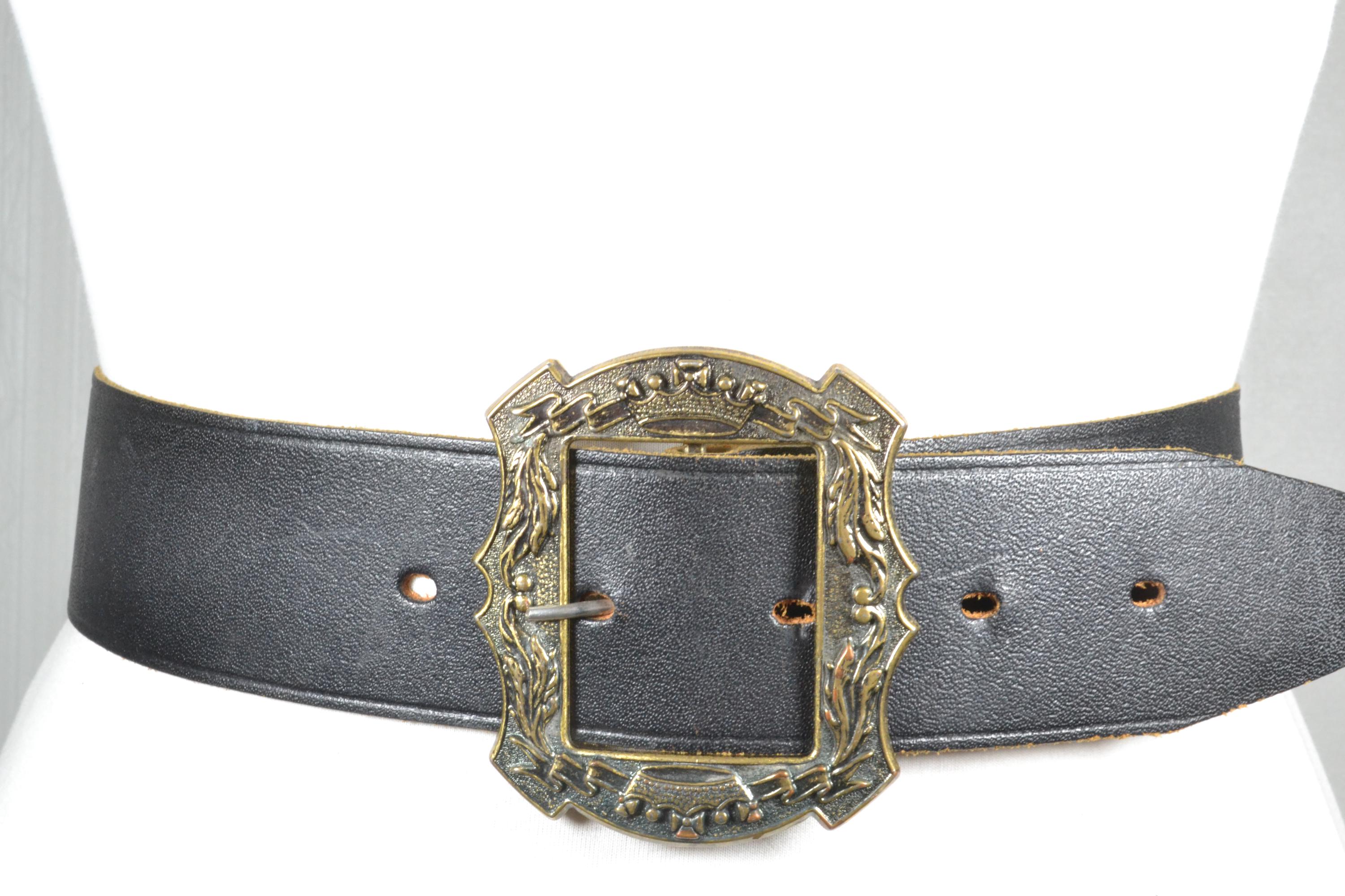 Vintage Wide Black Leather Belt, Ornate Brass Buckle, Boho 