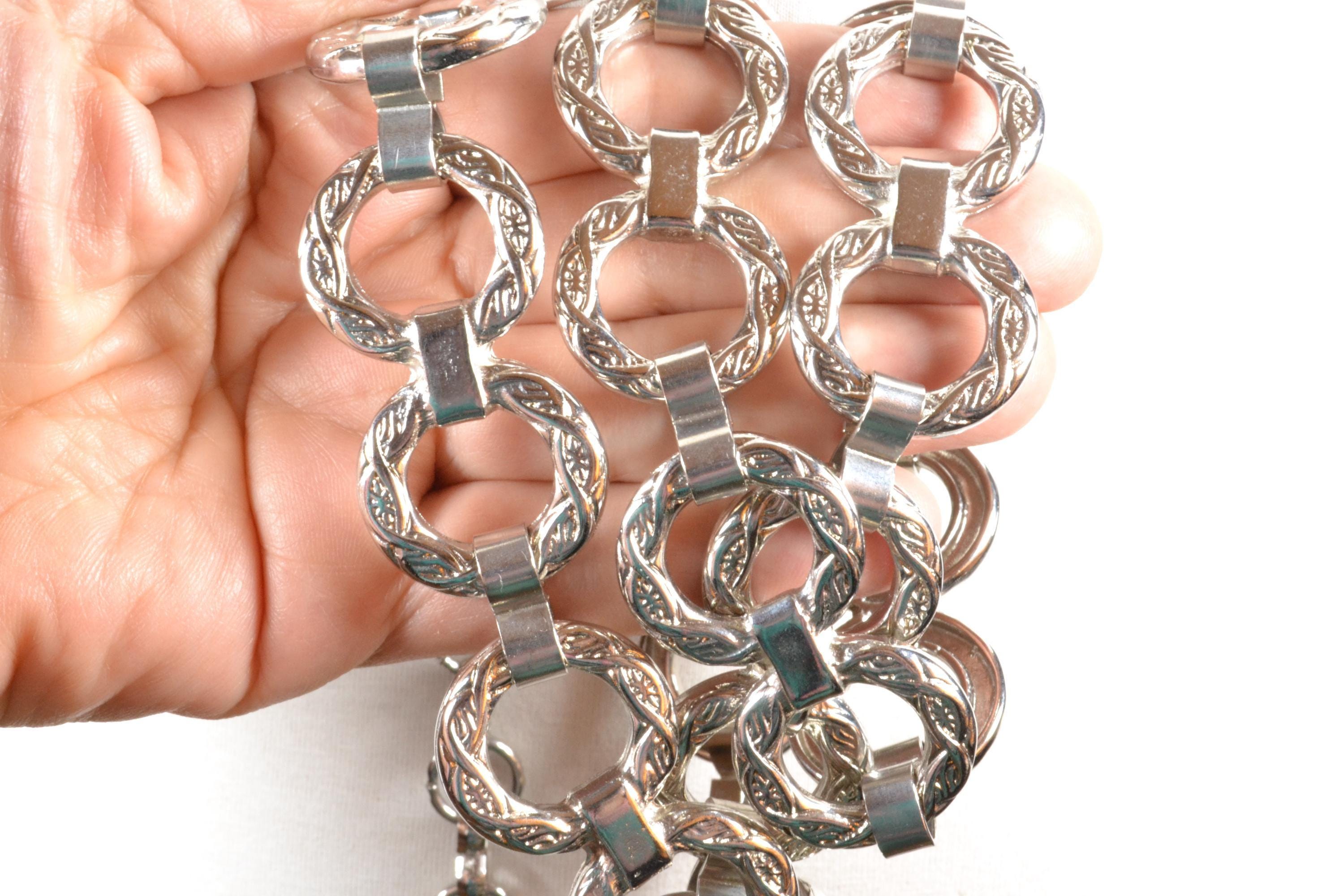 Vintage Silver Tone Chain Belt With Dual Lobster Clasps Adjustable Waist Hip Silver-Tone Metal Circle Link Chain Belt Large 39” Length  main image 2