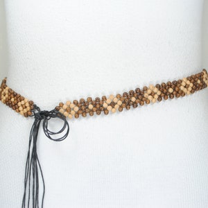 Brown Wood Beads Tie-Up Belt for Women, Adjustable Bohemian Waist Cincher, Hand-Knotted Beaded Belt, Festival Hippie Belt