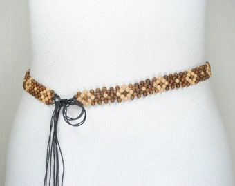 Brown Wood Beads Tie-Up Belt for Women, Adjustable Bohemian Waist Cincher, Hand-Knotted Beaded Belt, Festival Hippie Belt