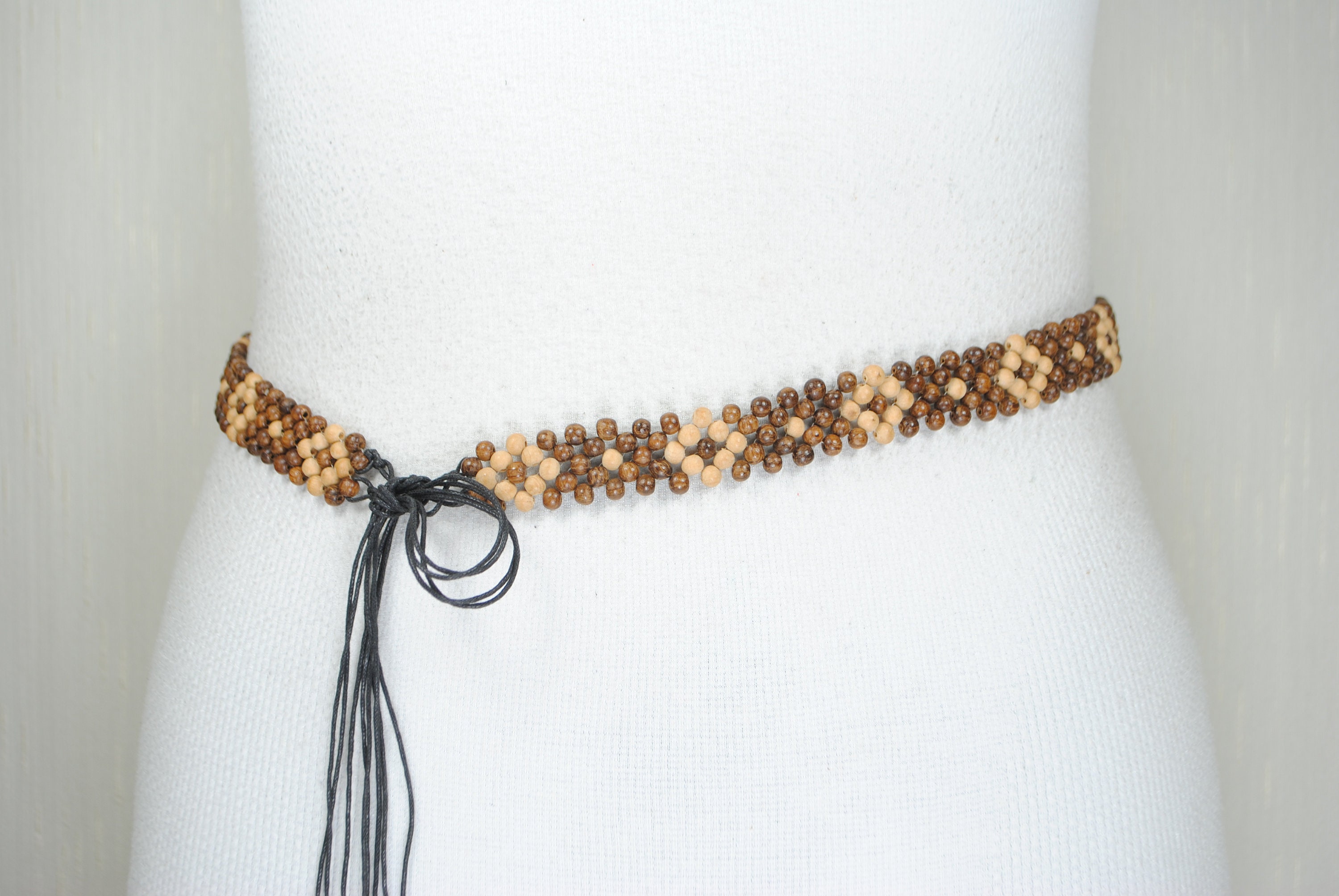 Vintage Brown Wood Bead Tie Belt - Boho Women display picture 2
