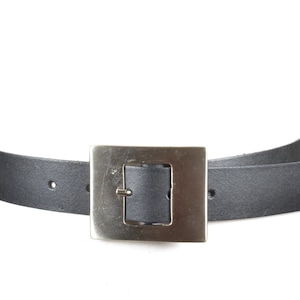 Vintage Black Leather Belt with Large Silver Metal Buckle, Wide Statement Waist Belt for Women, Retro Minimalist Chic Belt