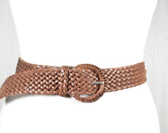 Vintage Chocolate Brown Braided Leather Belt: Boho Style, Round Buckle