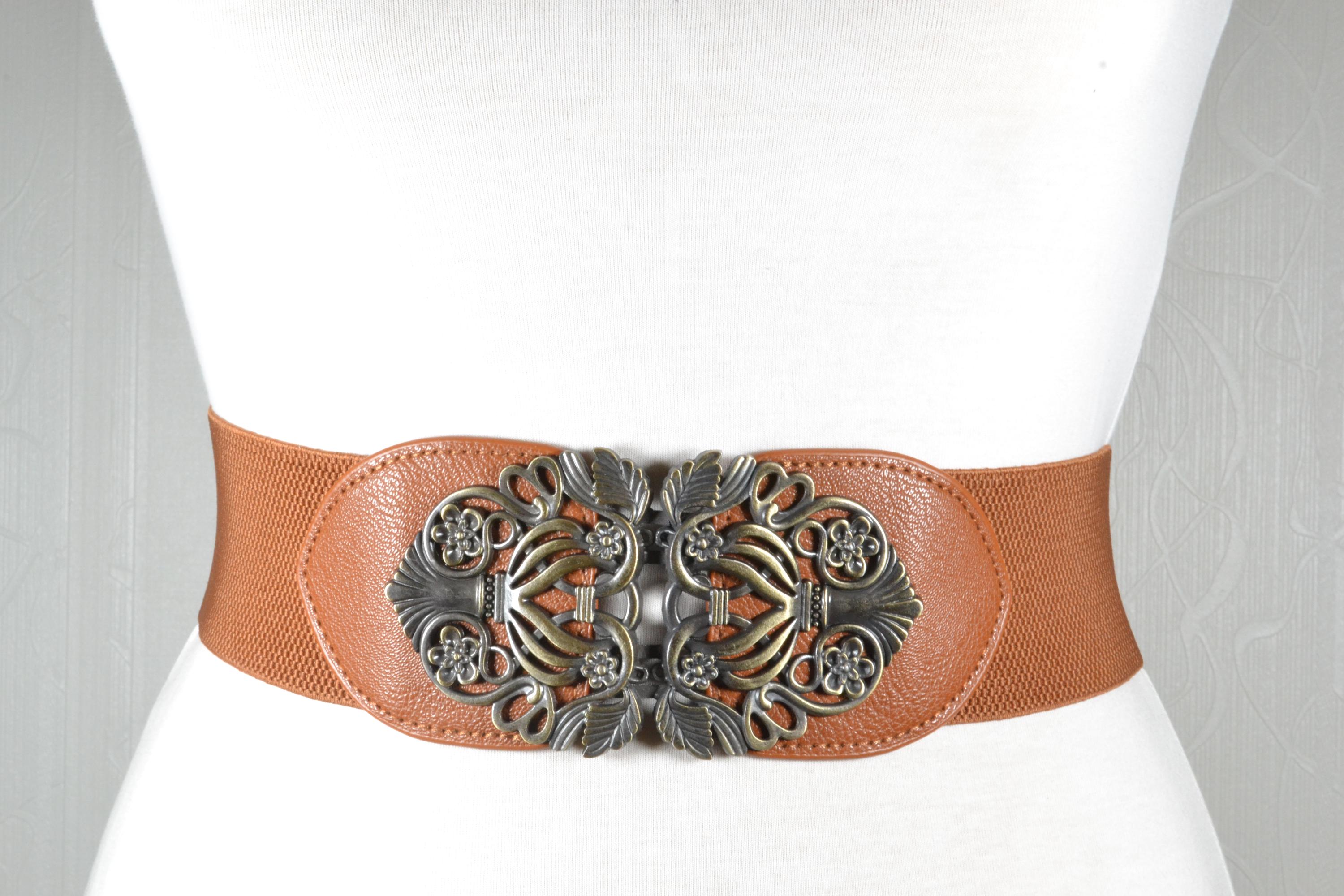 Vintage Tan Stretch Belt: Ornate Silver Buckle, Boho Waist  display picture 1