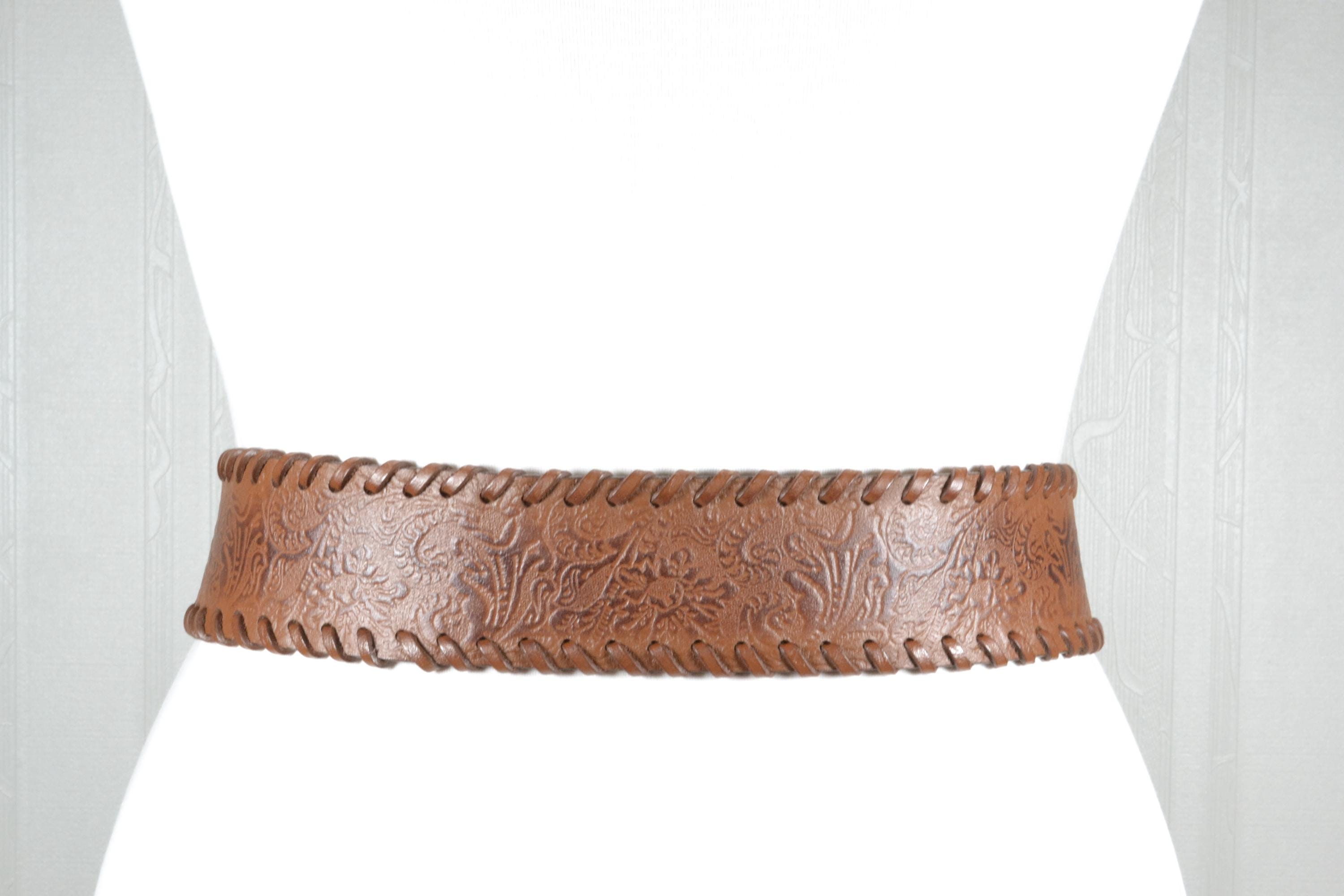 Vintage Brown Tooled Leather Corset Belt, Adjustable Lace-up  display picture 2