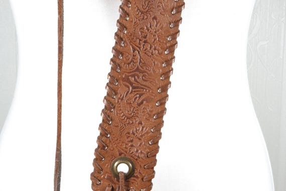Vintage Brown Tooled Leather Corset Belt, Adjustable Lace-up  display picture 1