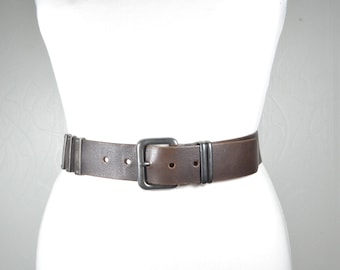 Vintage Wide Brown Leather Belt, Chocolate Rugged Waist Belt with Silver Rectangular Buckle, Industrial Unisex Belt