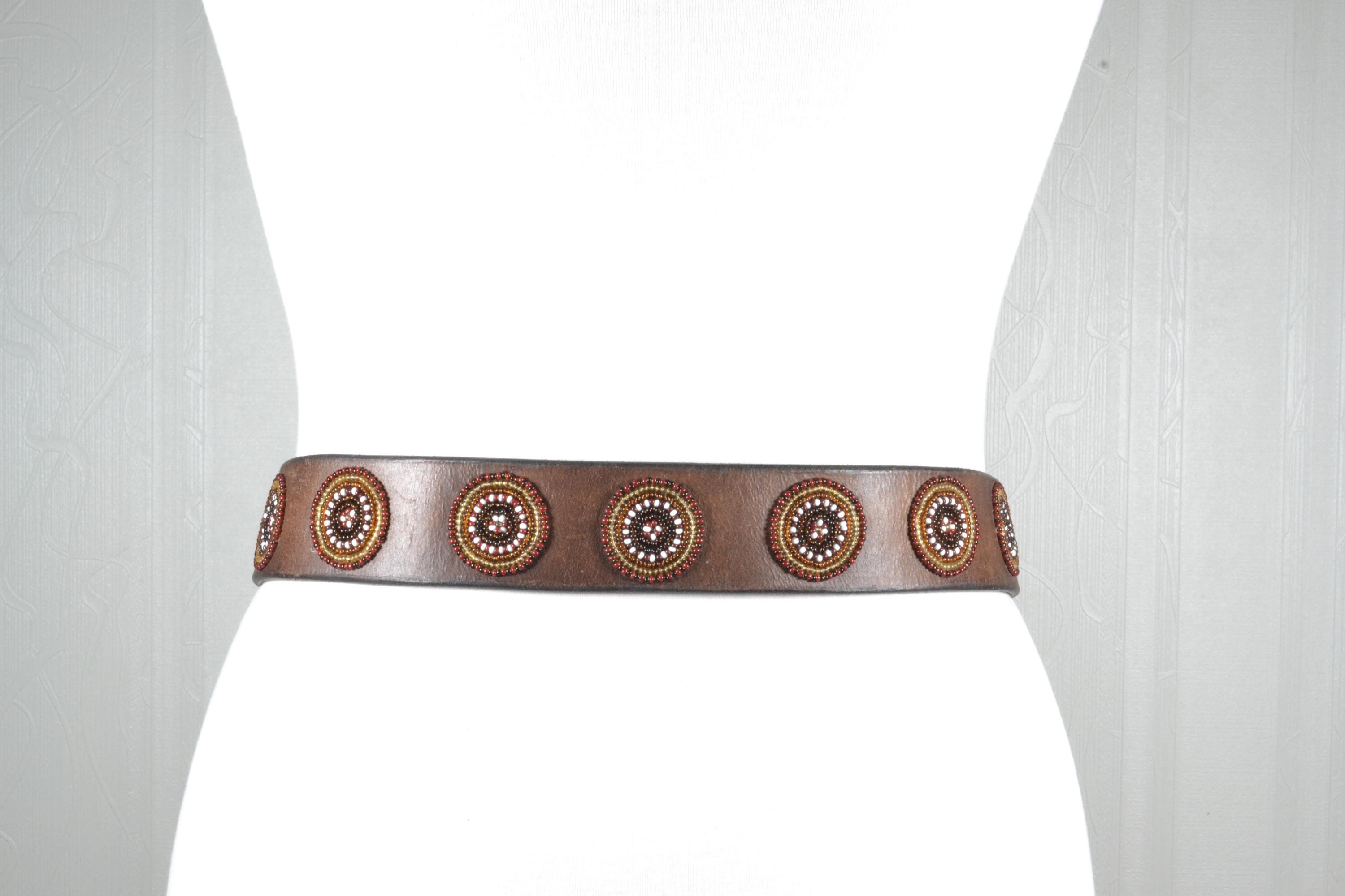 Vintage Brown Leather Belt With Brass Buckle and Beaded 