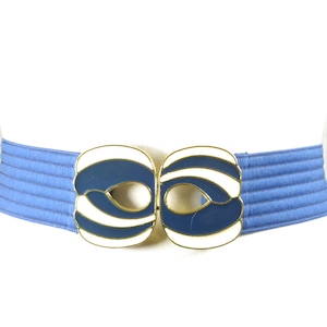 Vintage Blue Elastic Belt with Gold and Navy Enamel Buckle, Wide Stretchy Waist Belt for Women, Vintage Blue Belt