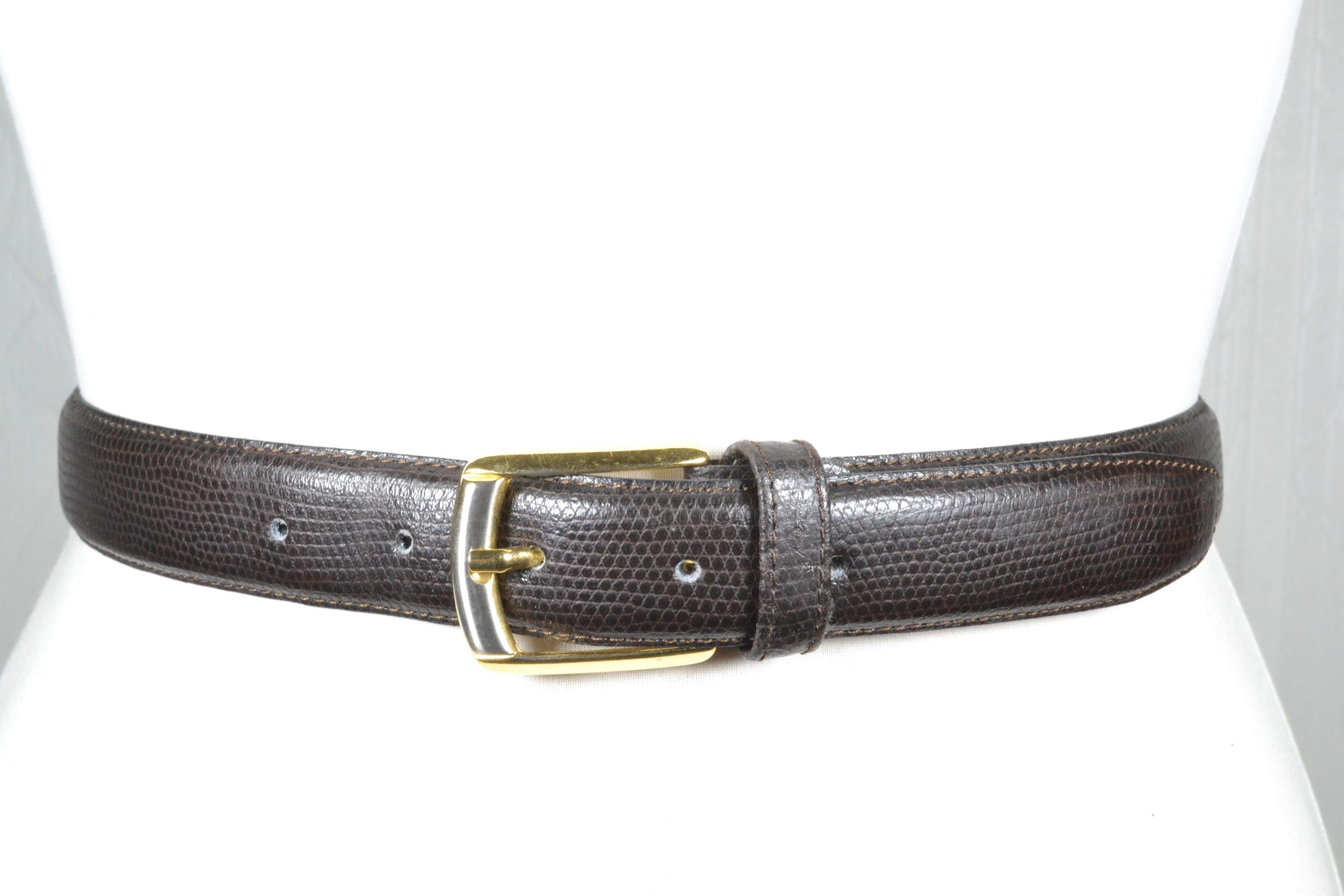 Vintage Dark Brown Lizard Texture Leather Belt With Gold  display picture 1