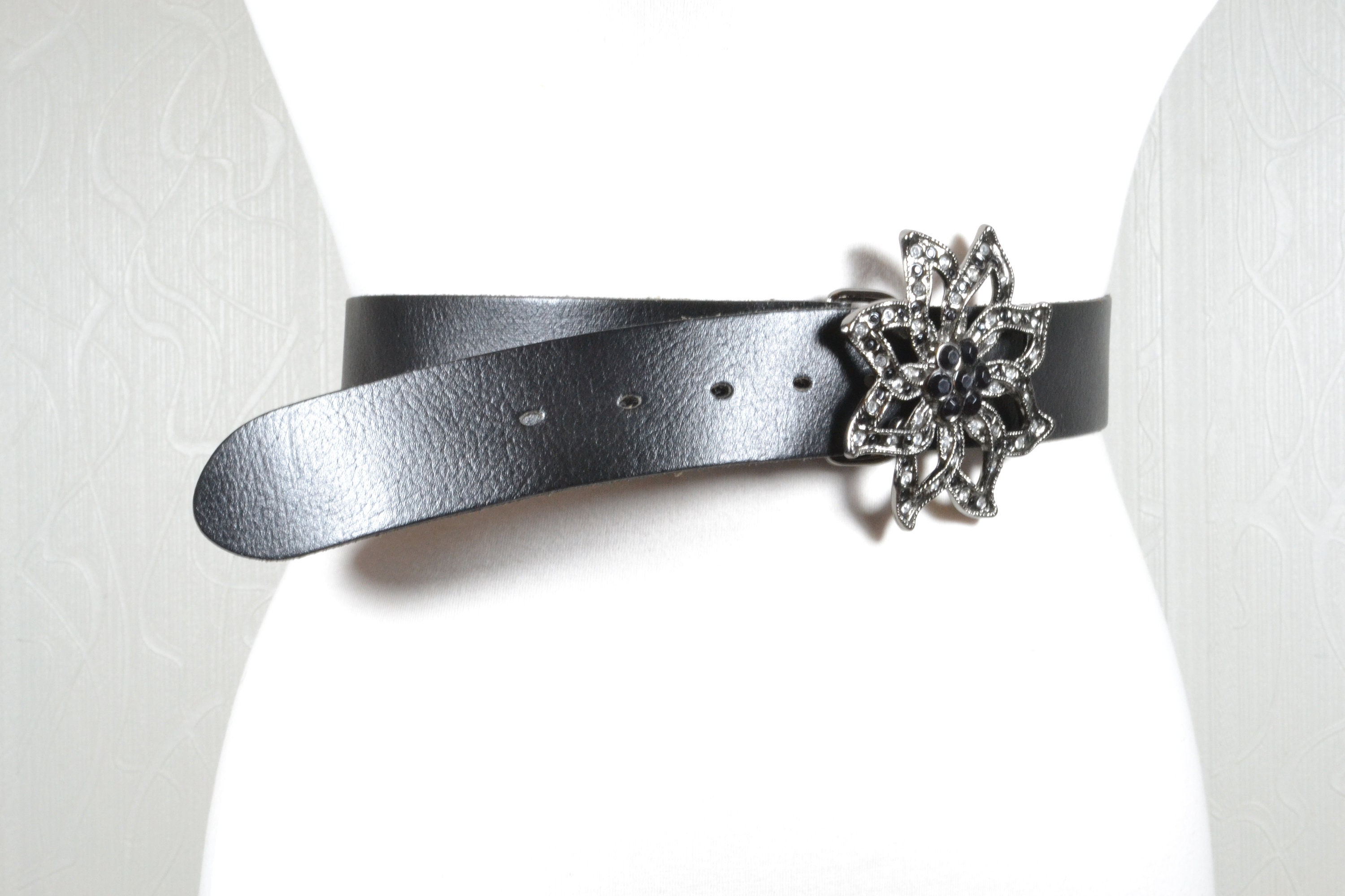 Vintage Black Leather Belt With Floral Silver Buckle - Etsy