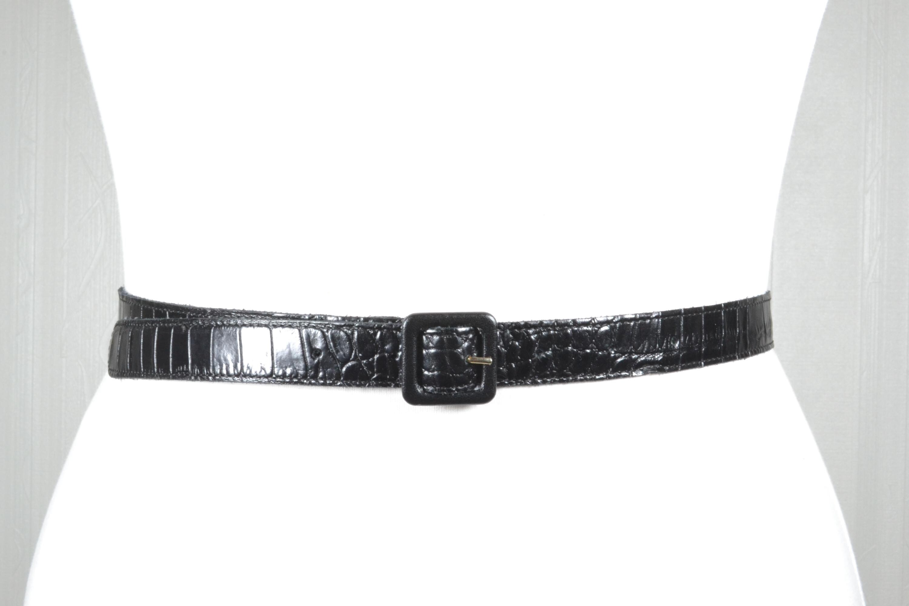 Vintage Black Croc Embossed Leather Skinny Belt - Etsy