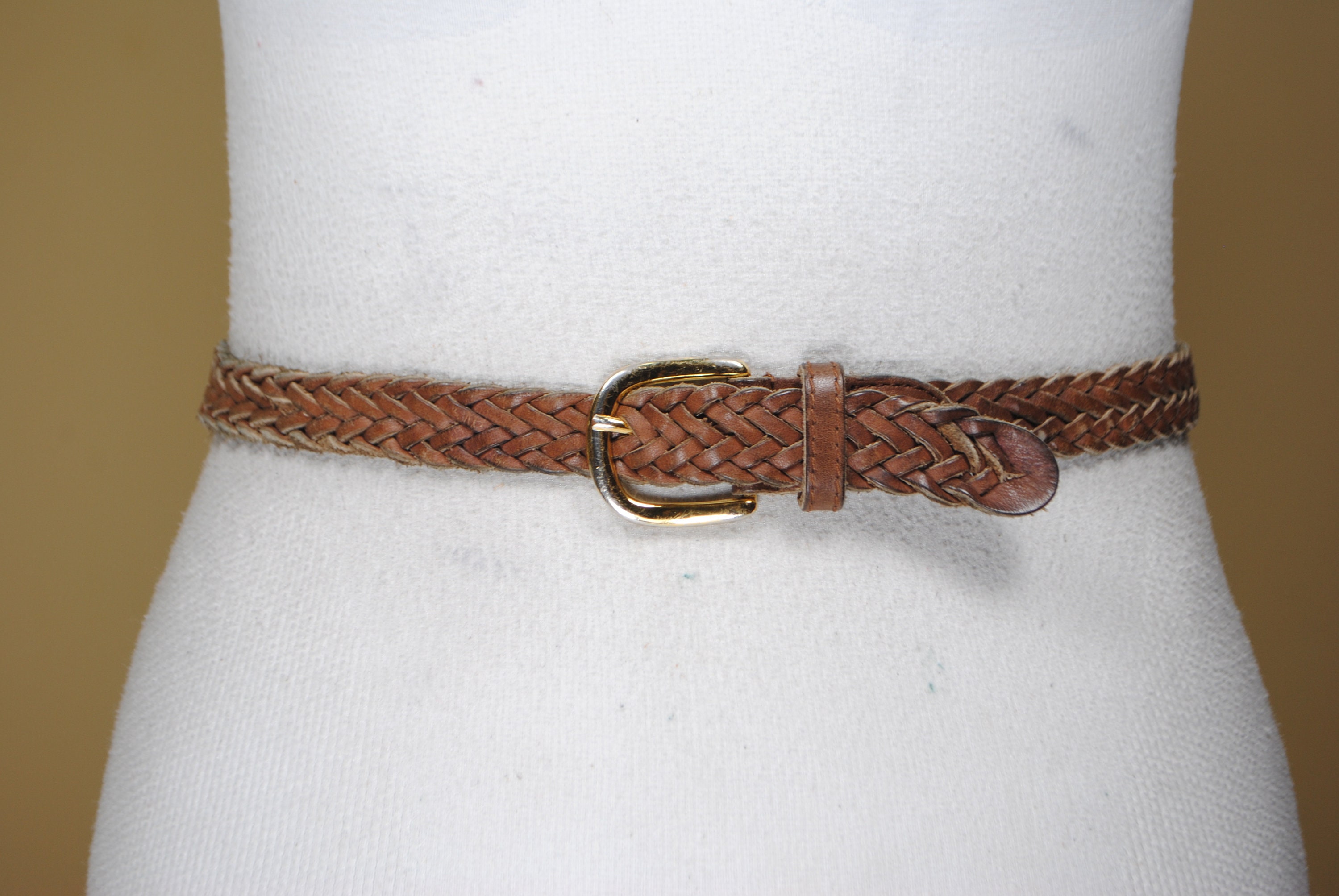 ?✨ Vintage Beige Leather Waist Belt w/ Gold & Brown Braided Tassels ✨? Vintage Boho Bohemian Braided Brown Leather Belt With  main image 3