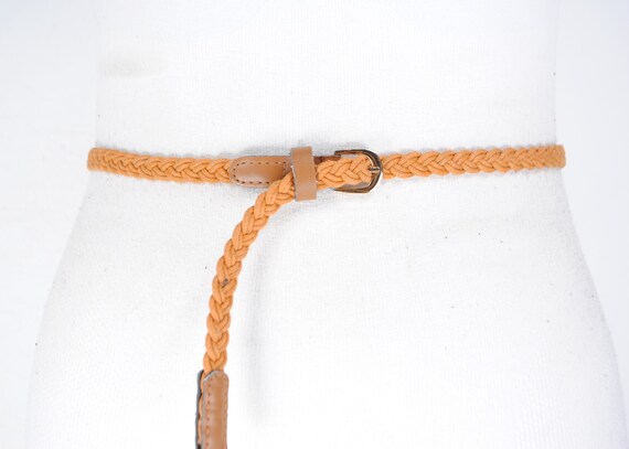 Skinny Tan Brown Braided Belt for Women. Orange Woven Belt 